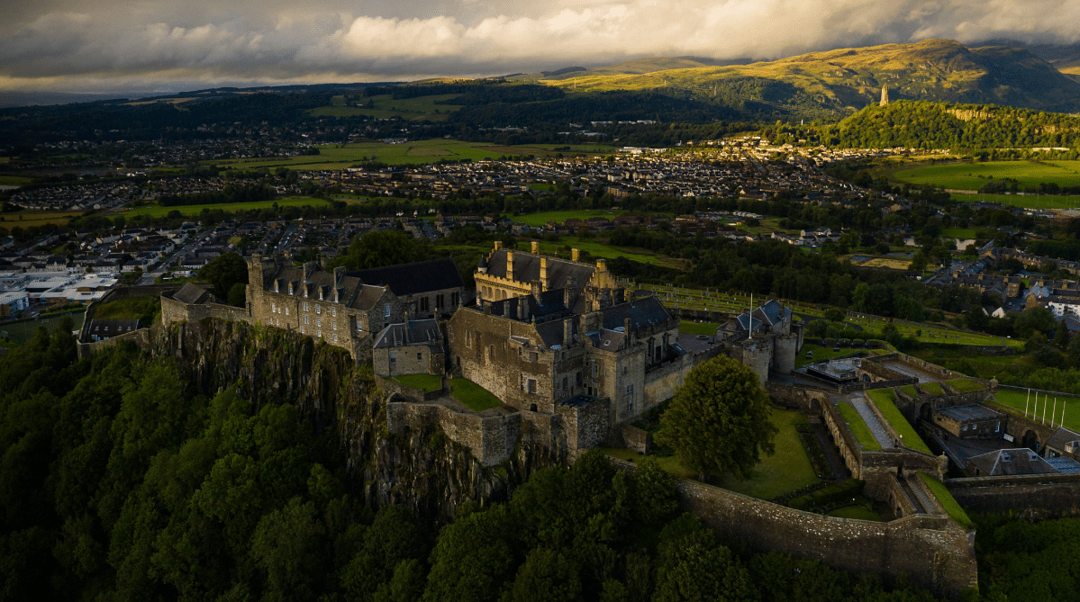 Aerial view of a castle in Stirling, Scotland