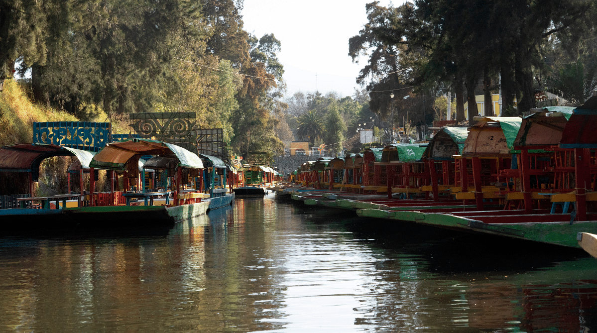 Boats on a canal in Xochimilco, Mexico
