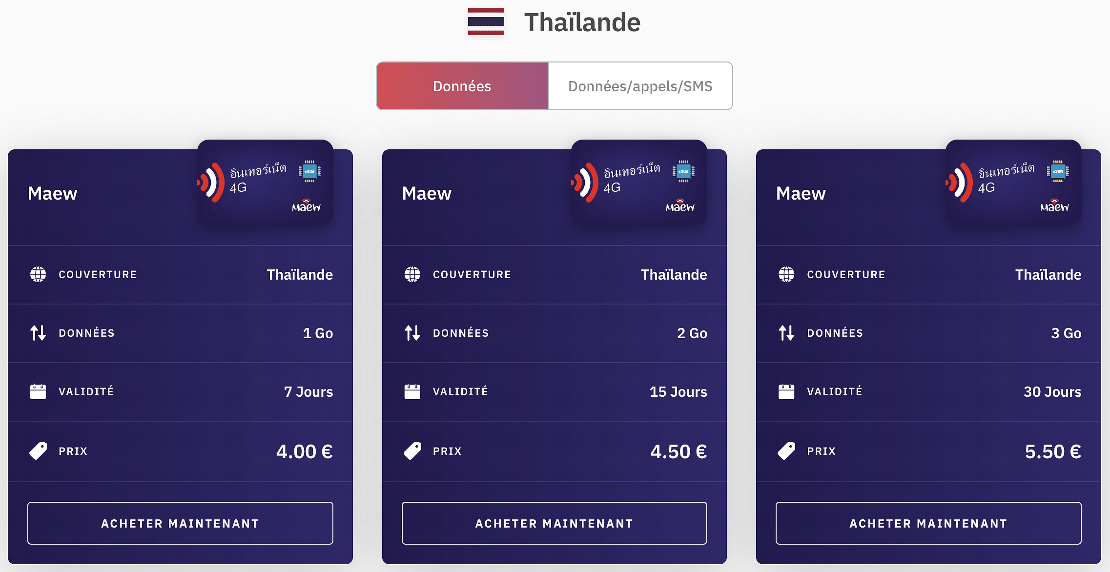 exemples de forfaits esim thailande avec airalo