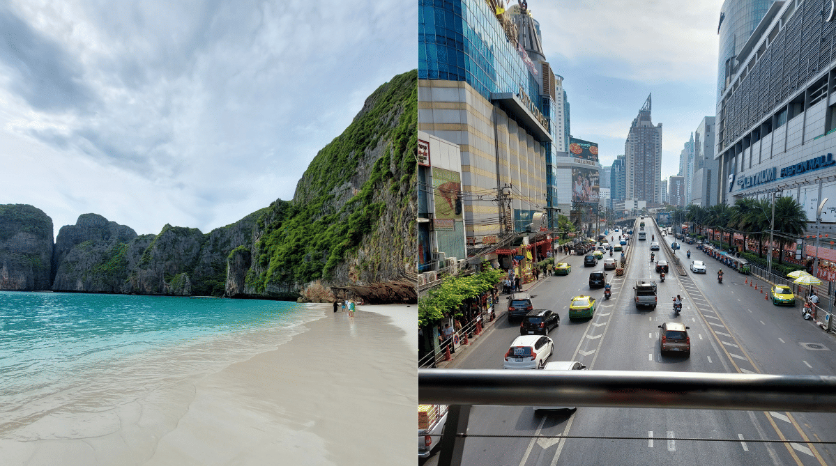 Maya Bay in Thailand (left) and the streets of Bangkok (right)