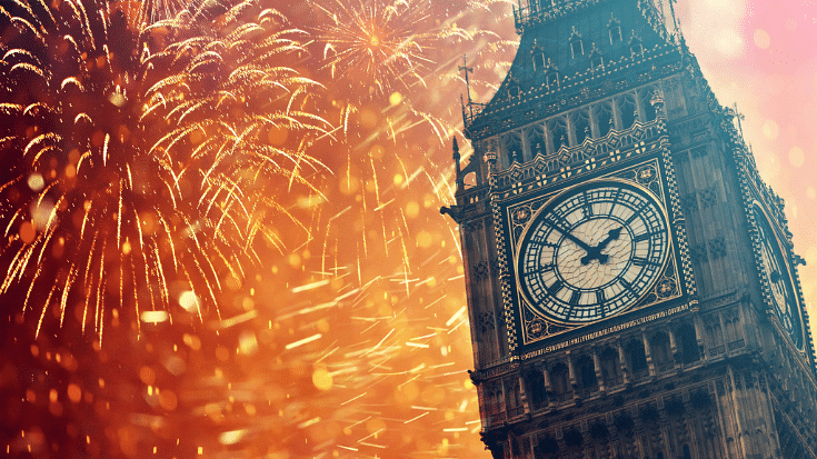 A photograph of London'd Big Ben clock face lit up surrounded by orange fireworks to illustrate a blog post entitled 'How to Spend New Year's Eve in London'.