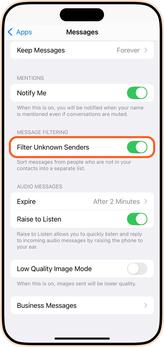 Filter Unknown Messages iPhone