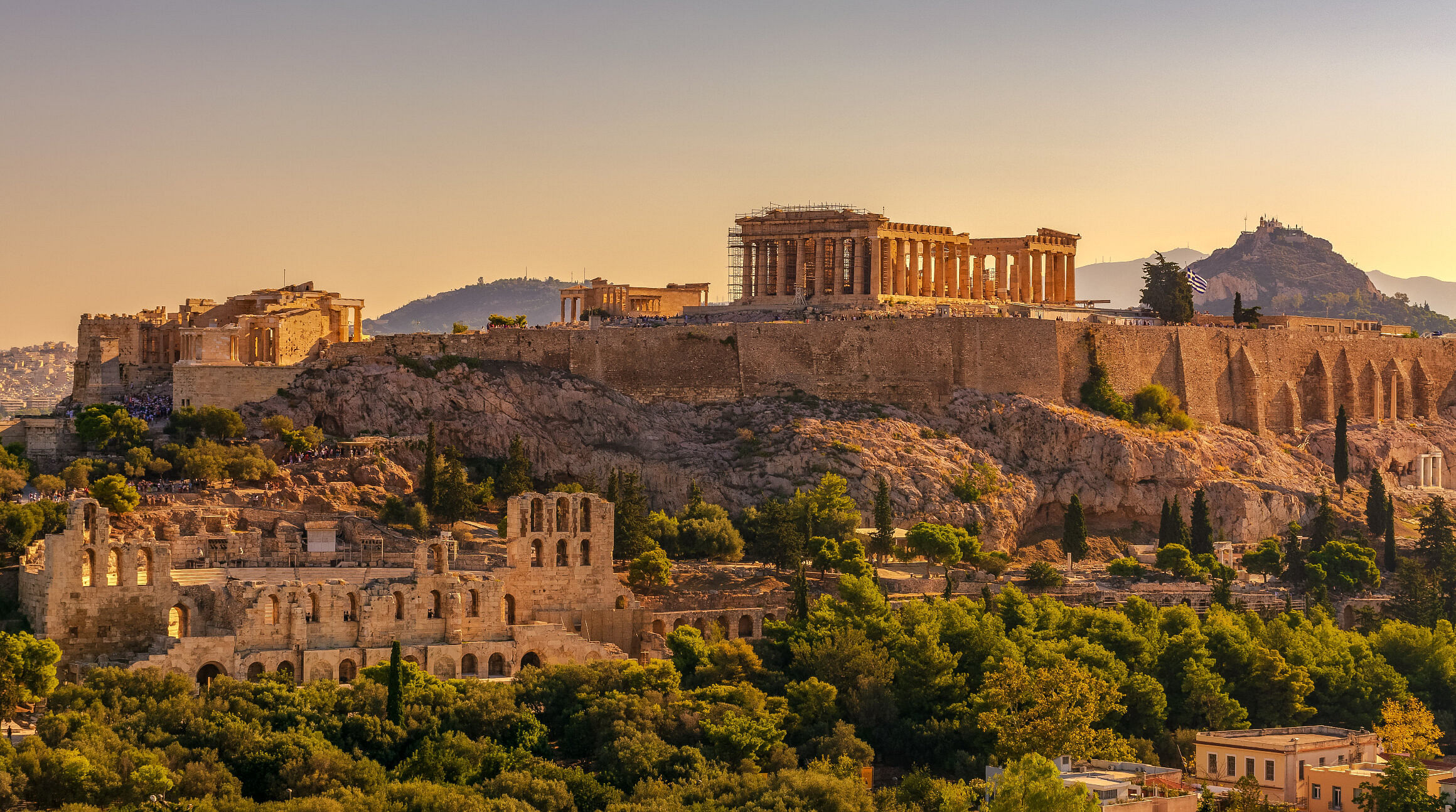 View of the Acropolis at sunset in Athens, Greece