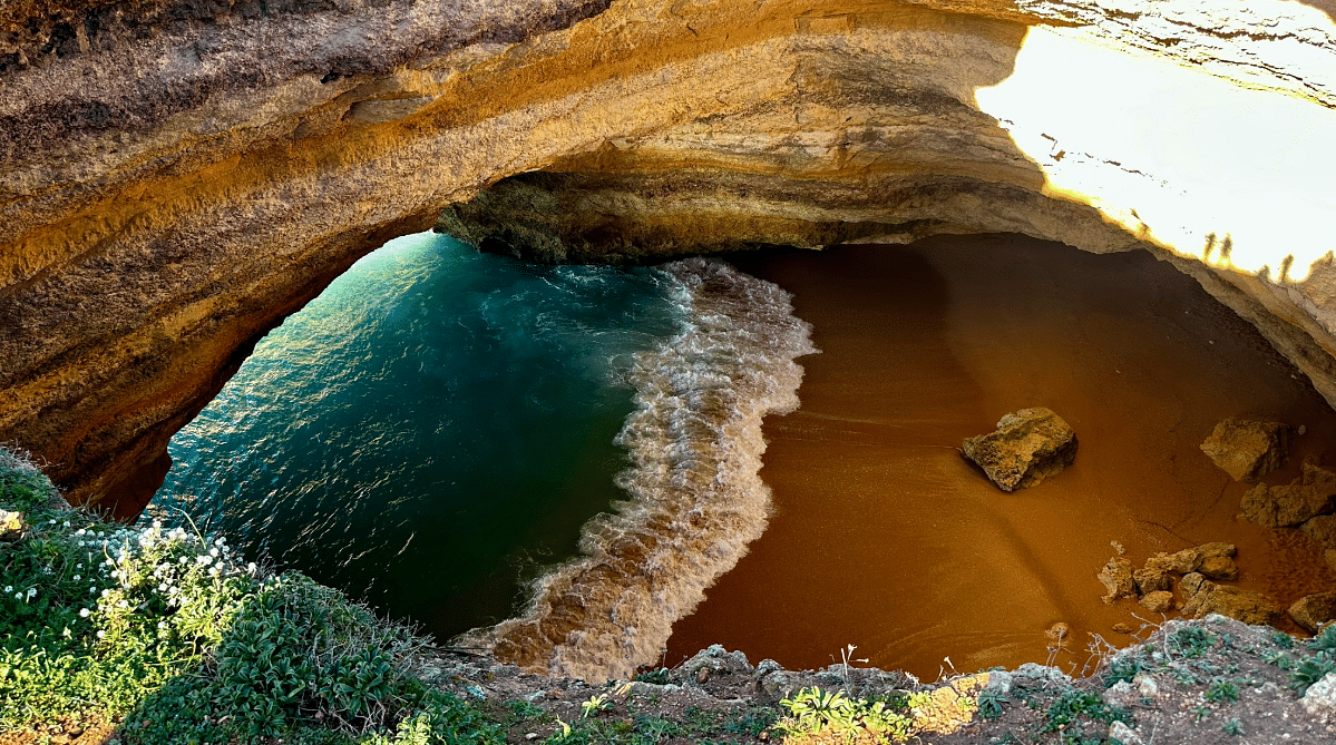 Overhead view of Benagil Cave in Algarve, Portugal