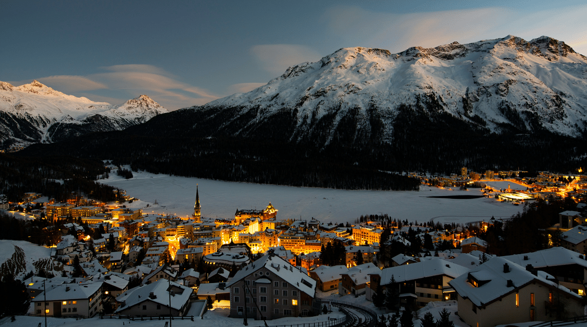 Lake, town, and mountains in St. Moritz, Switzerland