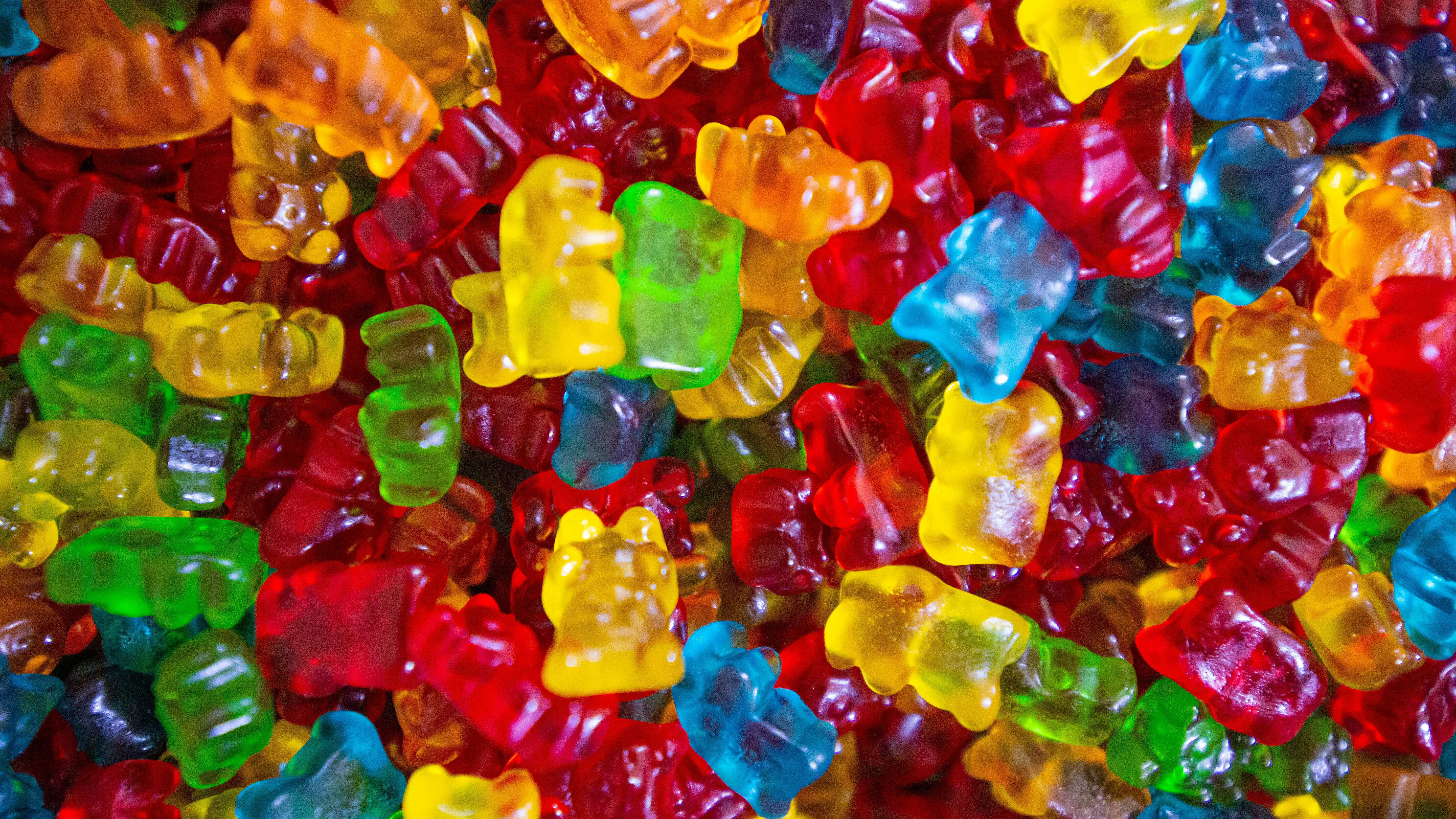 A close-up view of multicolored gummy bears