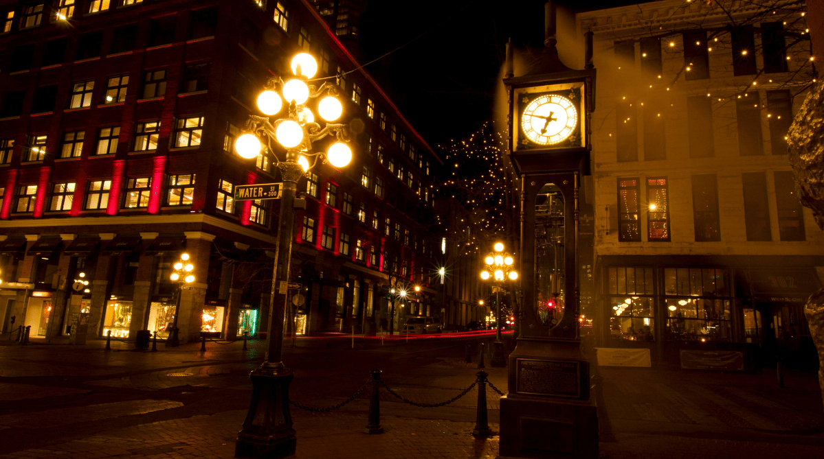 Gastown Steam Clock at nighttime.