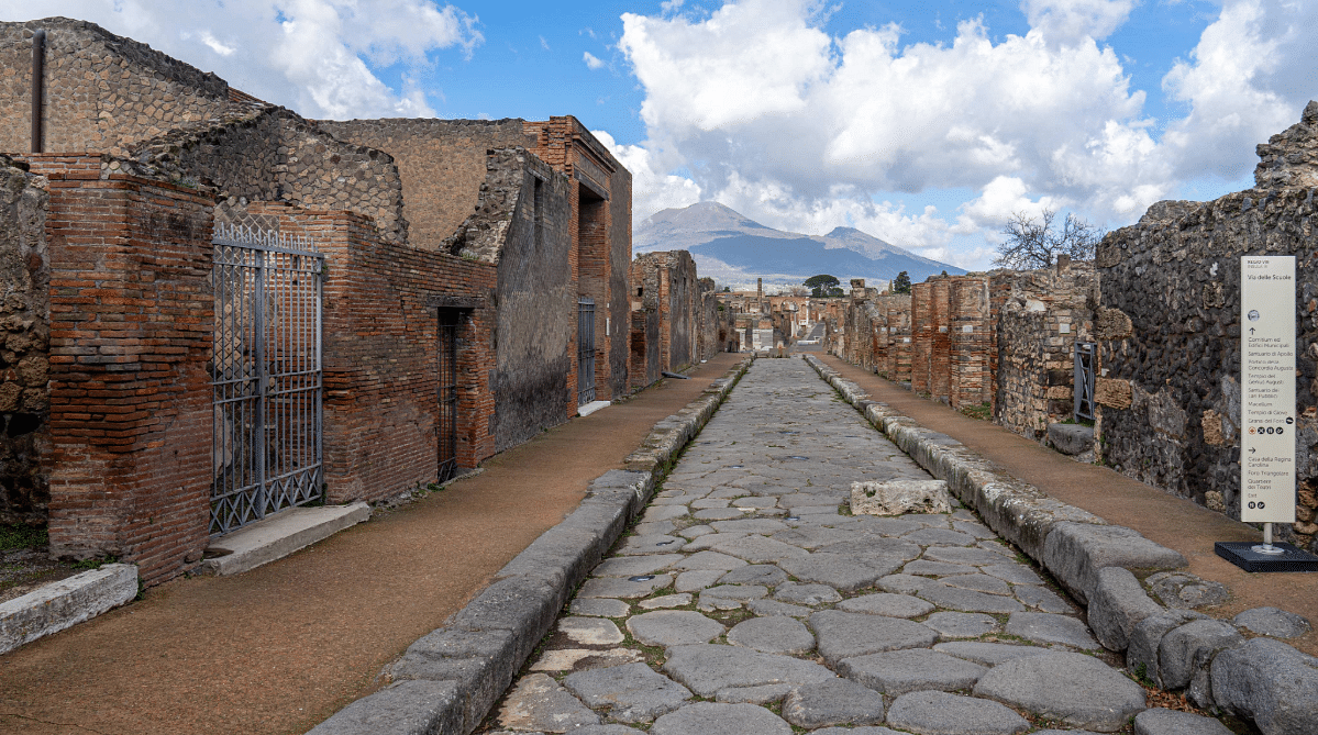 Road and ruins in Pompeii Archeological Park, Italy