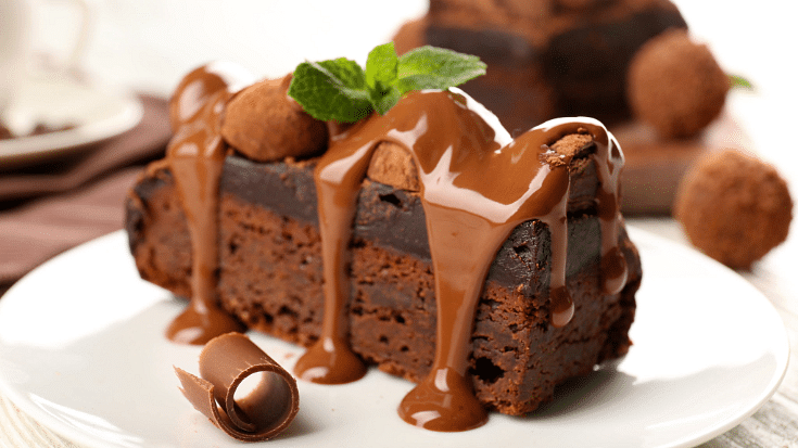 A close-up image of a square slice of chocolate cake with chocolate syrup dripped over it, to illustrate a blog post entitled 'How to Spend New Year's Eve in London'.