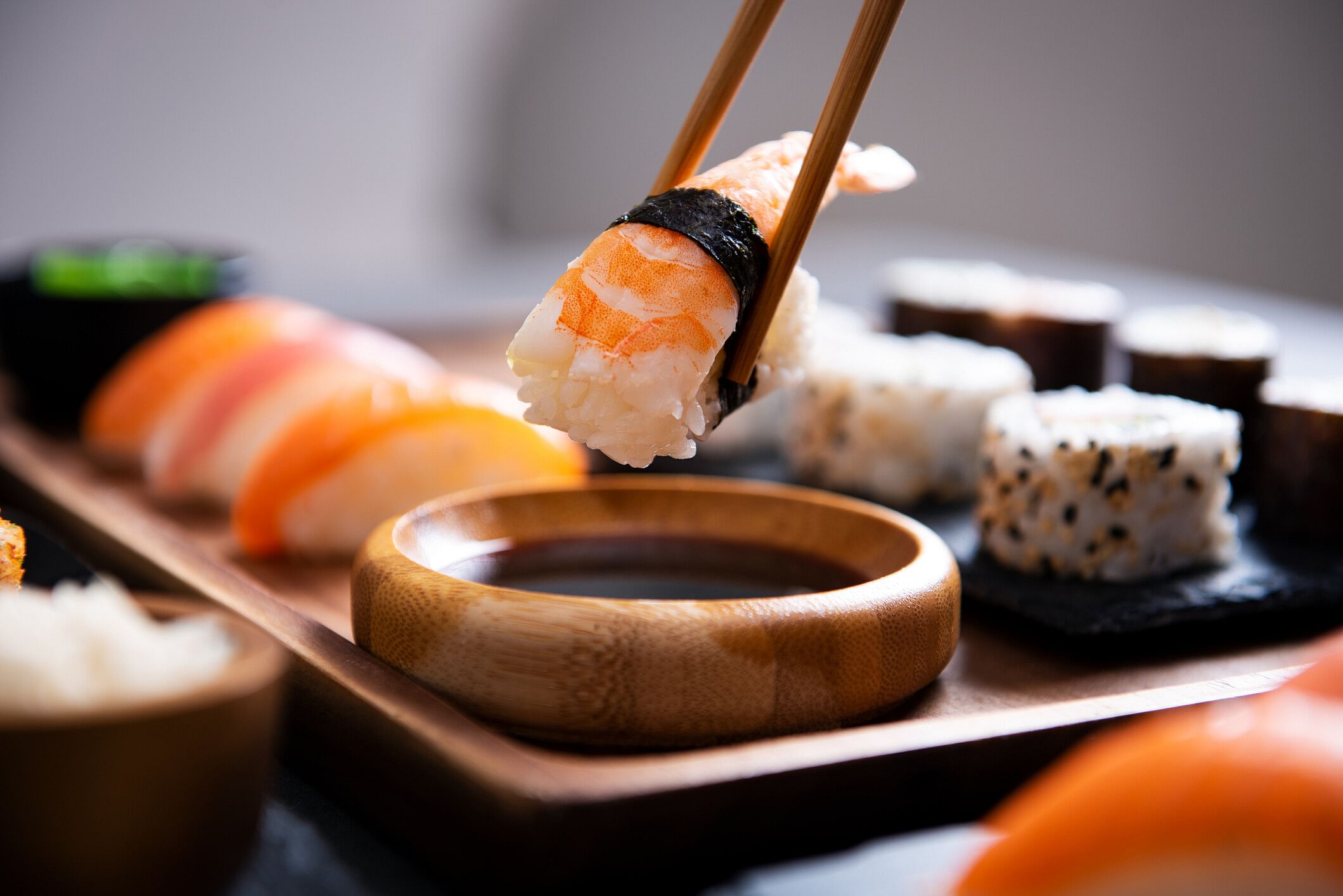 Sushi with chopsticks and soy sauce