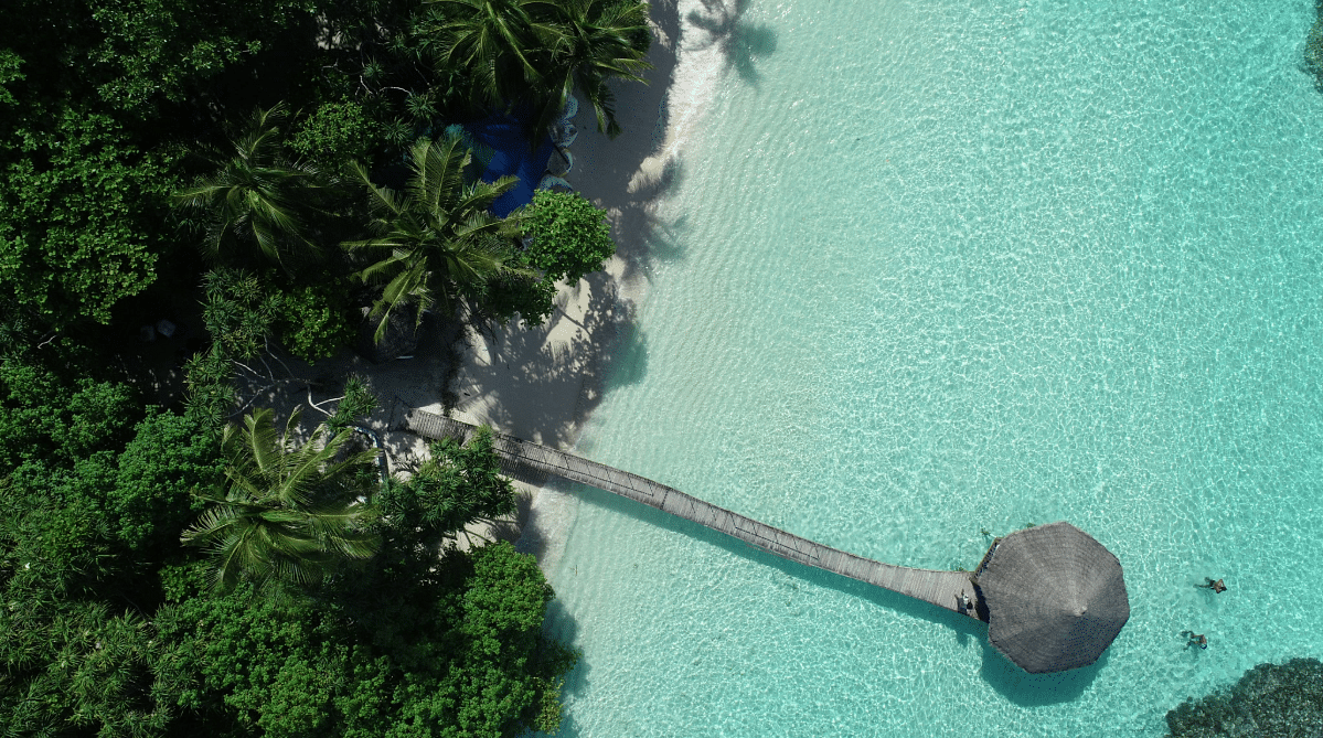 Aerial view of a beach and dock in the Maldives
