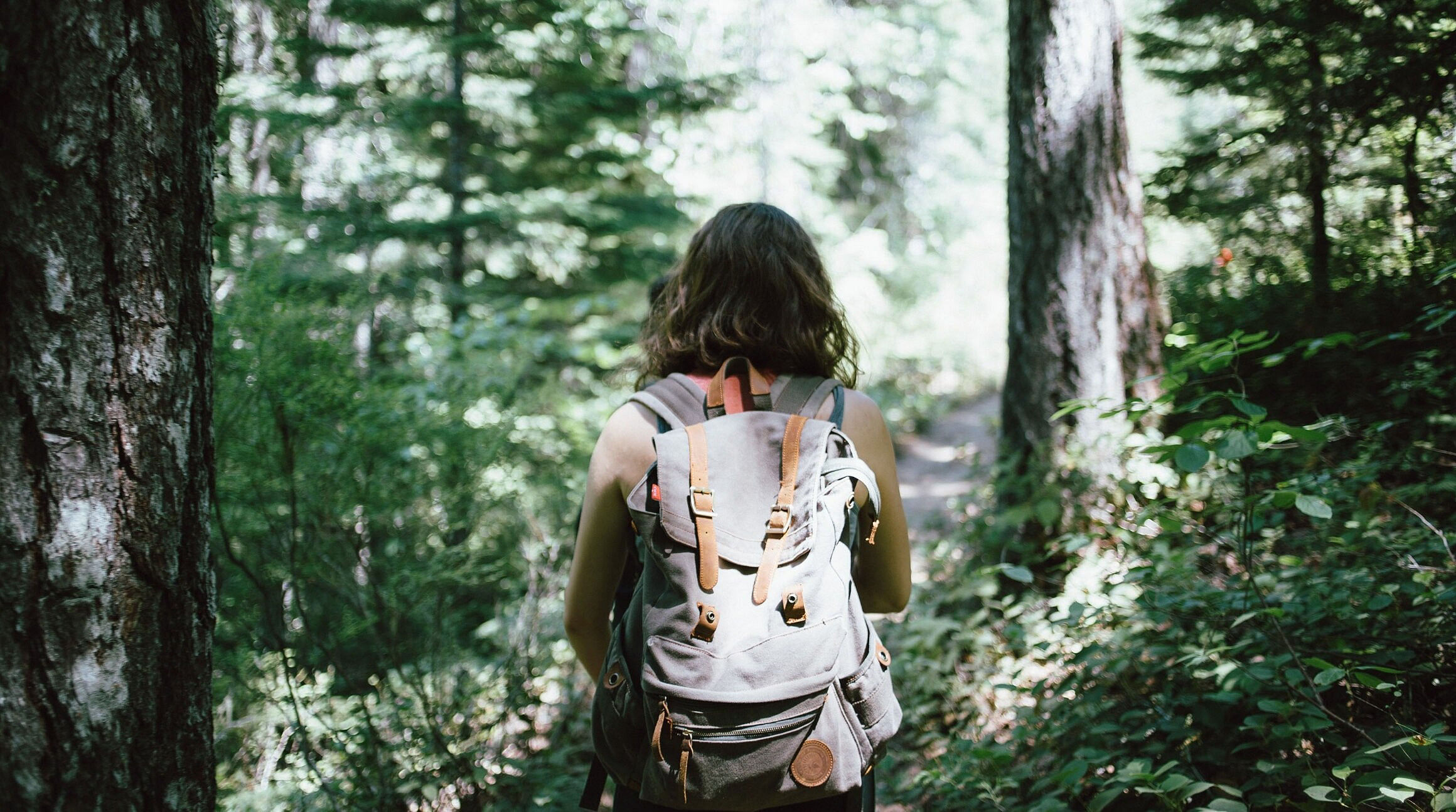 woman hiking through a forest