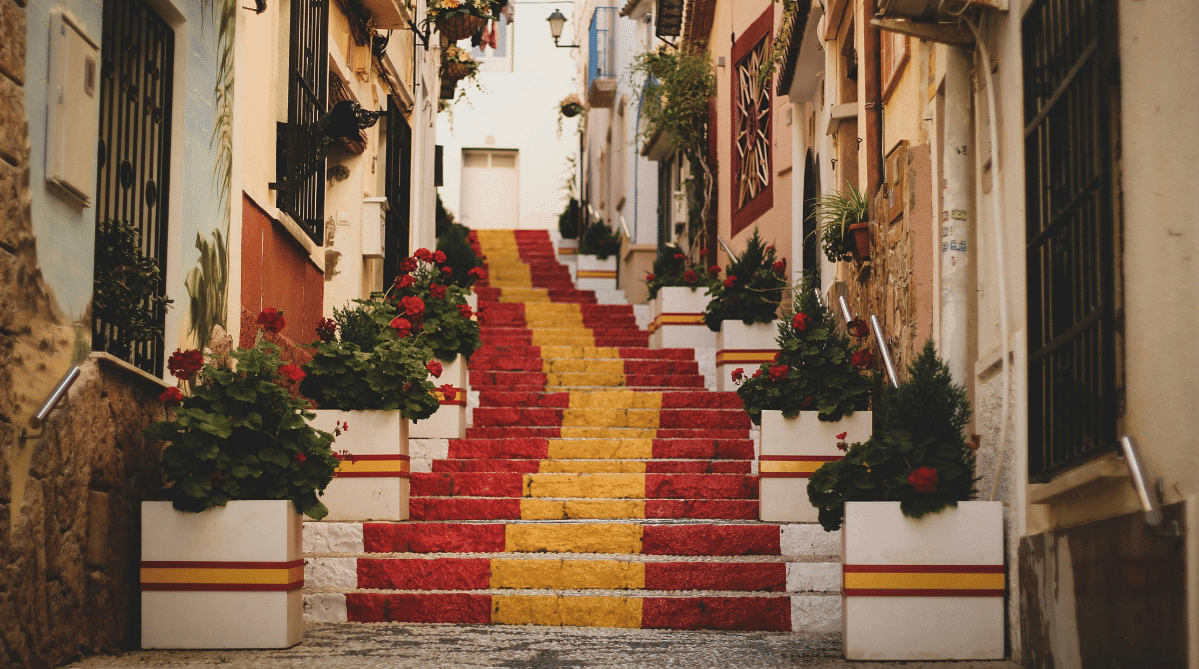 Red and yellow staircase in Calp, Spain