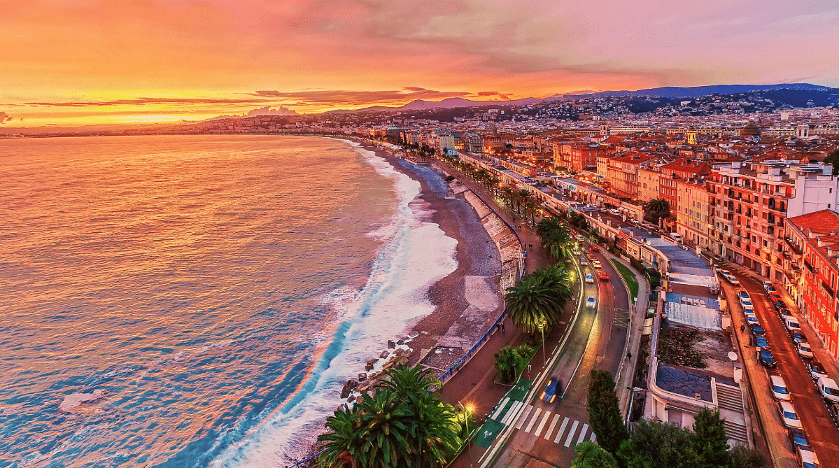 Aerial view of Promenade des Anglais in Nice, France at sunset