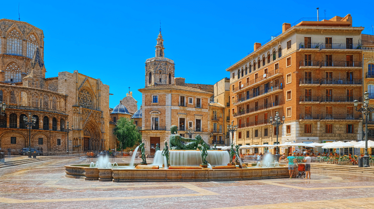 Plaza with a fountain in Valencia, Spain
