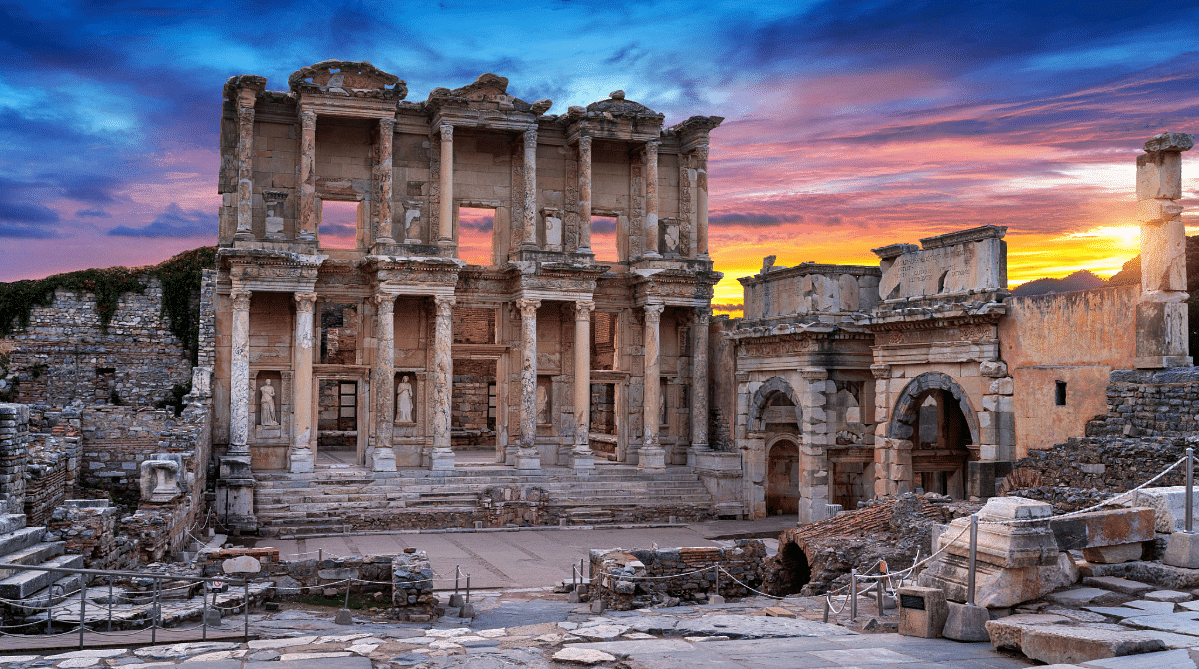 Library of Celsus in Ephesus, Turkey, at sunset