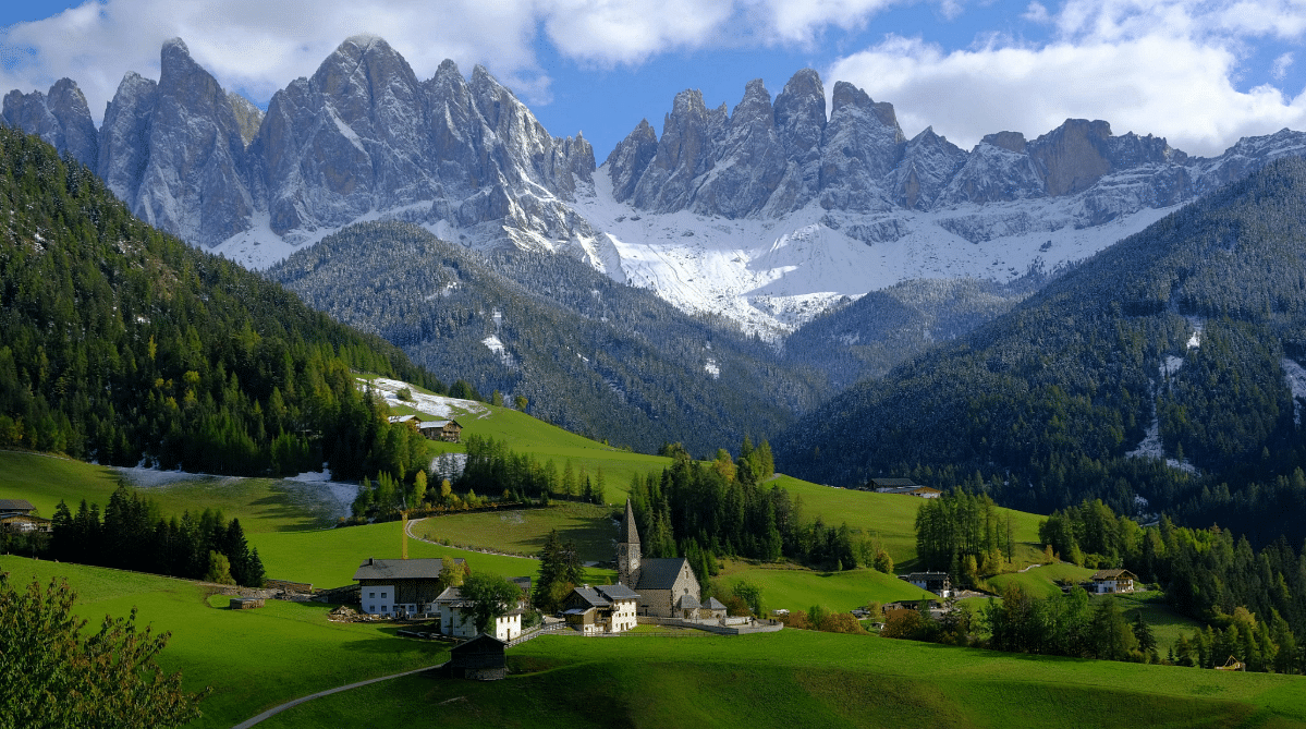 View of countryside and mountains in the Dolomites, Italy