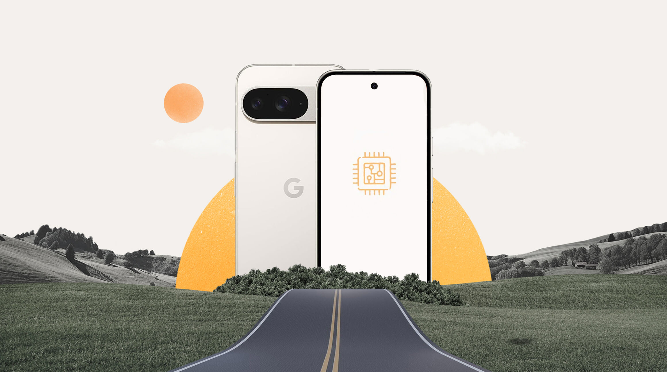A Photograph of a Google Pixel phone in the background in black and white, in the foreground there is an image of a hill and a road, to illustrate a blog post entitled 'Are Google Pixel Phones eSIM Compatible​?''