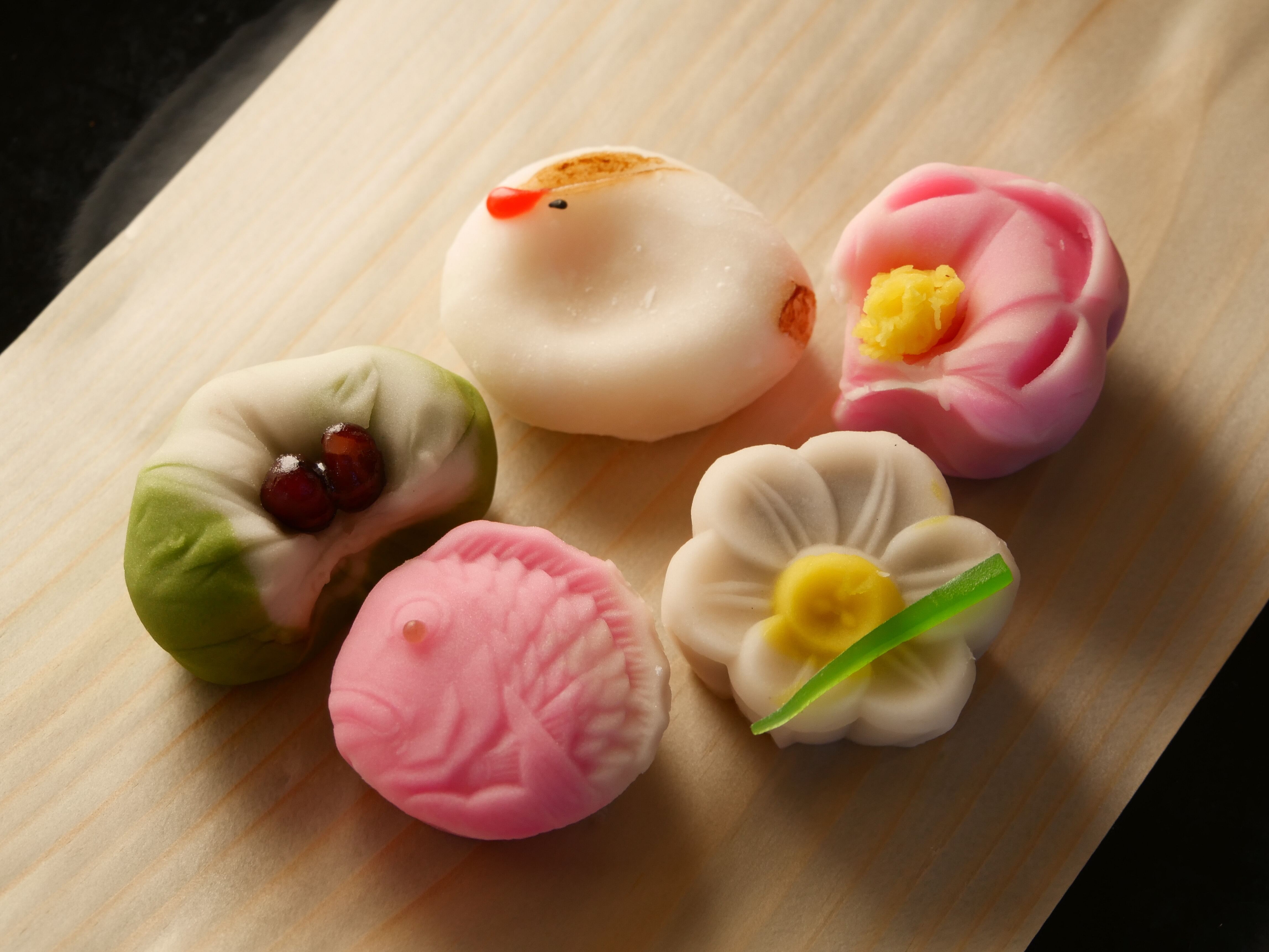 Wagashi with fish and flower shapes