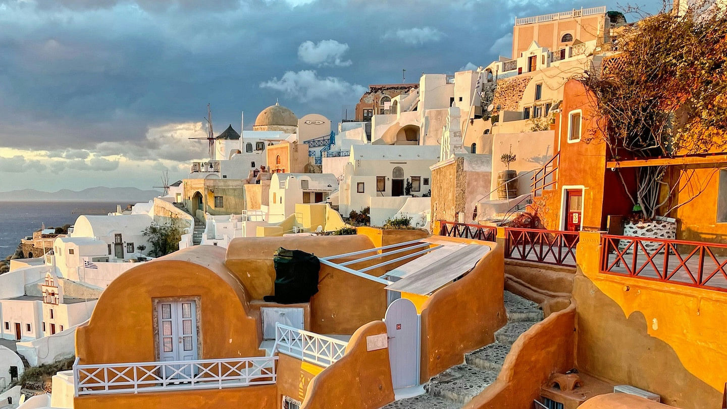 Stunning coastal view of Santorini Greece during golden hour