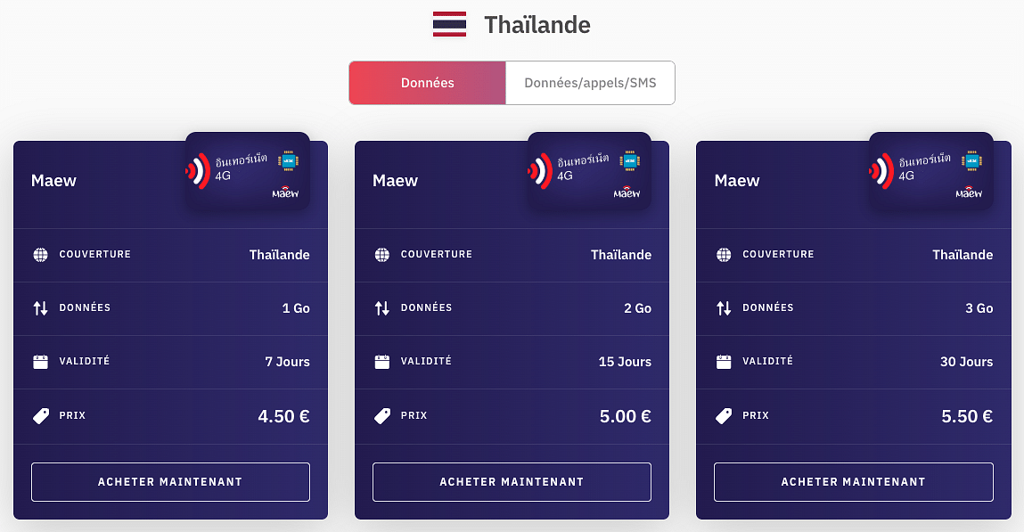cartes esim pour voyage en thailande : exemples de forfait sur le site d'airalo