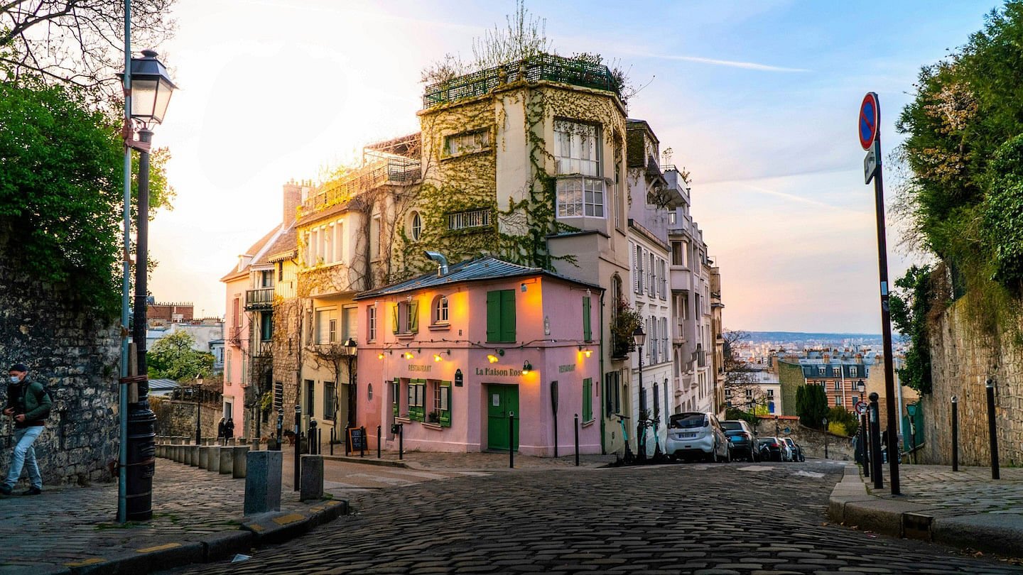 A dreamy street scene of Montmartre, France at sunset or sunrise