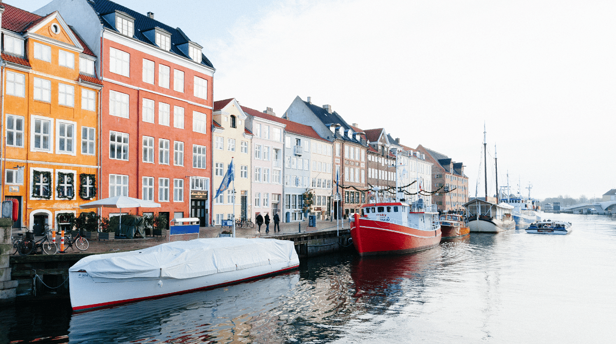 Houses along a canal in Copenhagen, Denmark