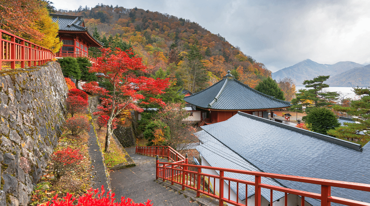 Temple and fall leaves in Nikko, Japan