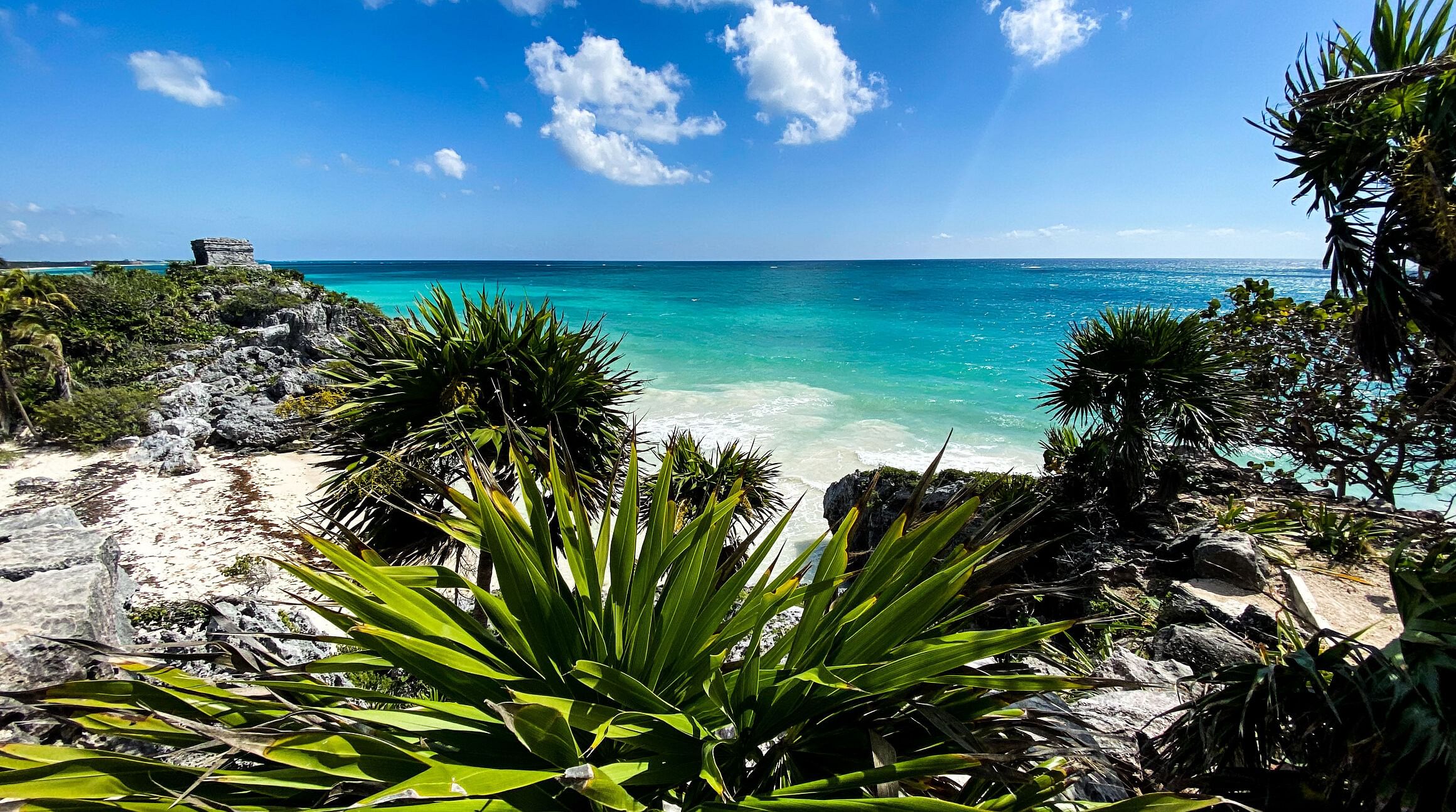 Beach and Mayan ruin in Tulum, Mexico