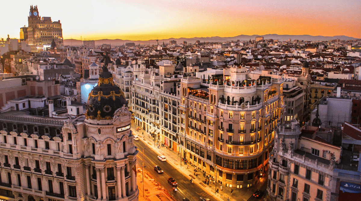 Gran Via in Madrid, Spain, at sunset
