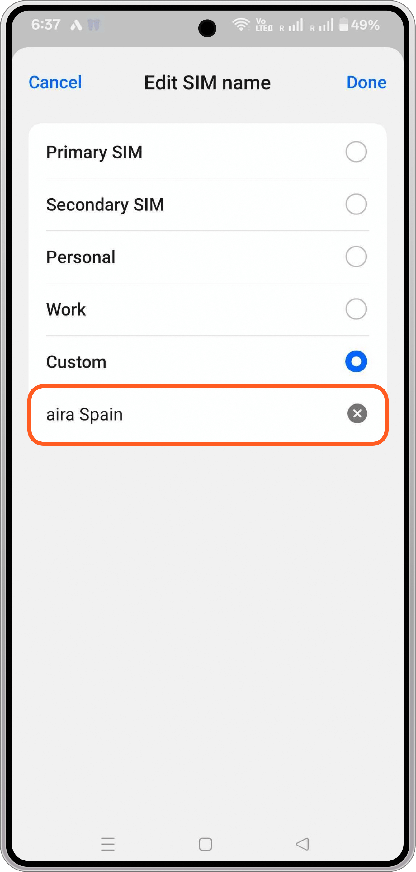 eSIM custom label Android