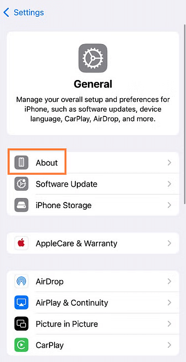 About section for EID number on iPhone