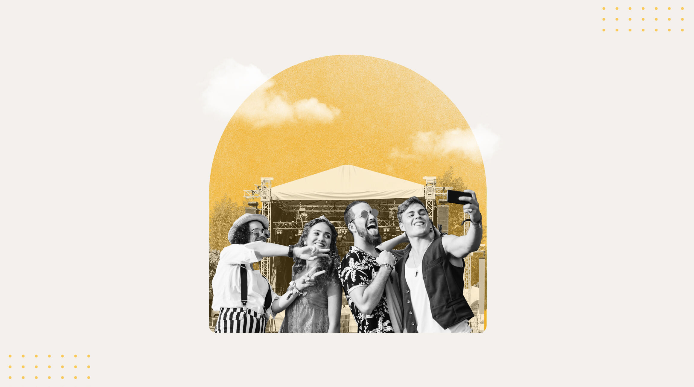 A photograph of some people - two men and two women - at a summer festival, dressed in summer clothes such as sun hats, sunglasses and t-shirts, taking a selfie with a camera phone. To illustrate a blog post entitled 'The Ultimate Sziget Festival Guide.'