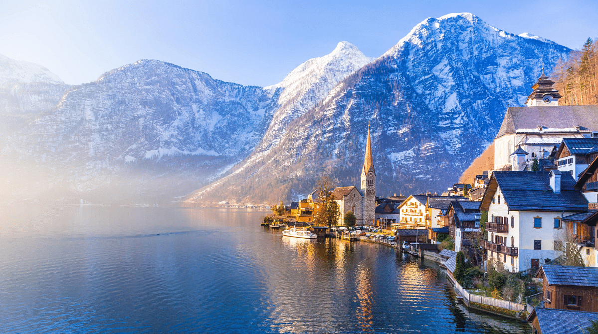 Hallstat Austria, bordered by a lake and mountains