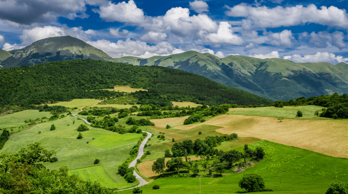 Aerial view of rolling hills, Umbria