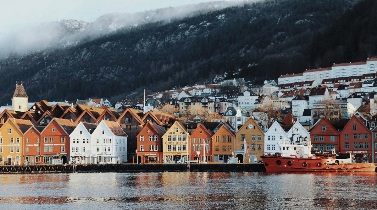 Traditional houses and mountains in Bergen, Norway
