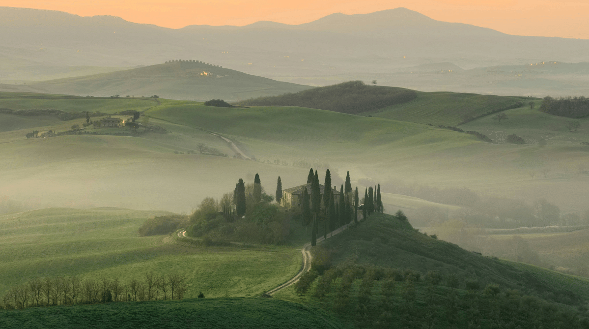 Aerial view of the countryside in Tuscany