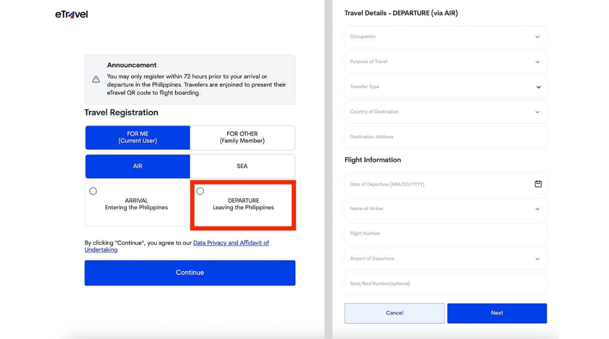 eTravel Health Declaration form
