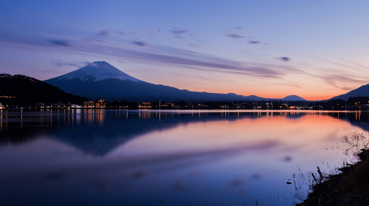 Lake Kawaguchi with Mount Fuji in the background at twilight.