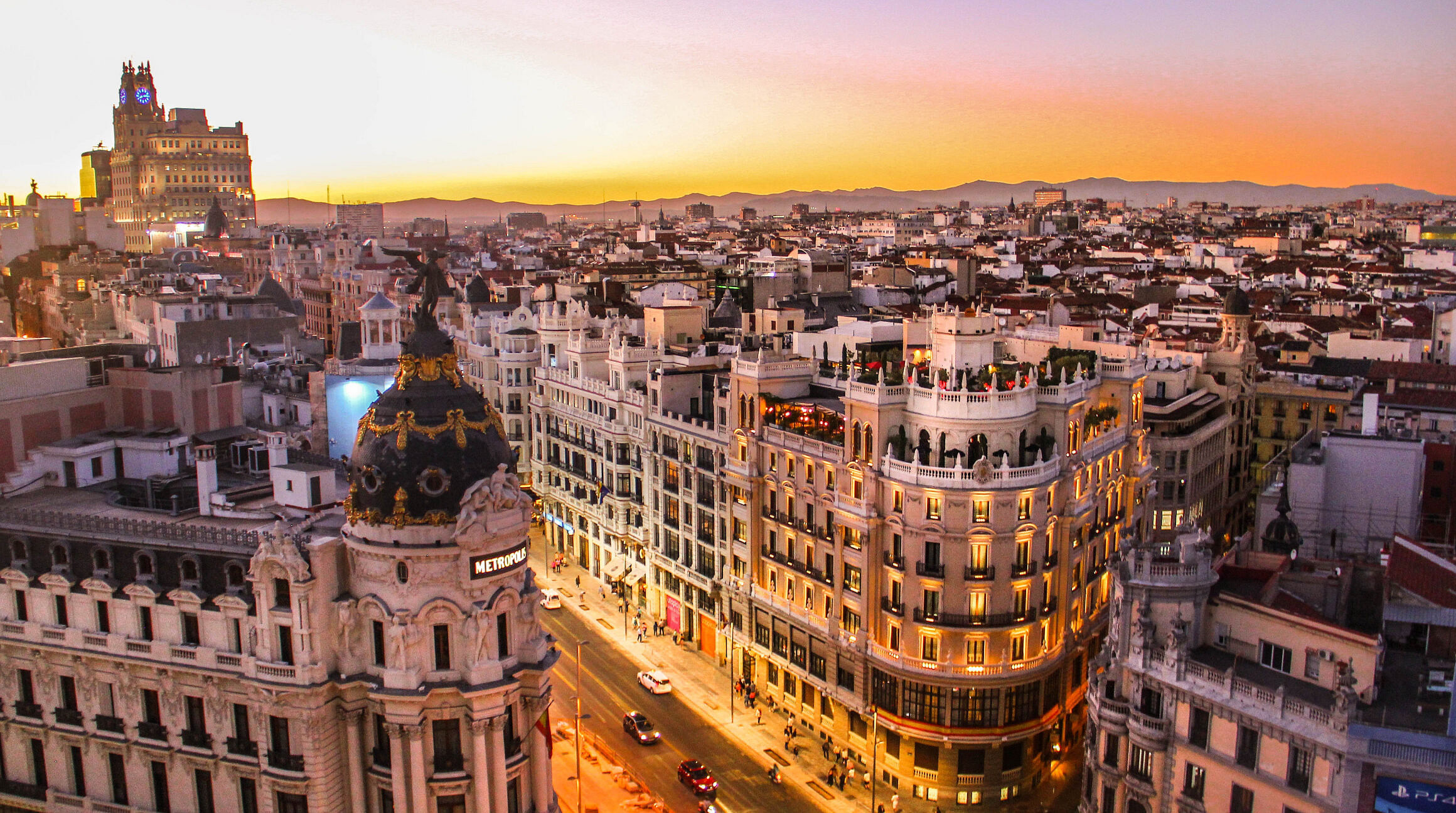Sunset over Gran Via in Madrid