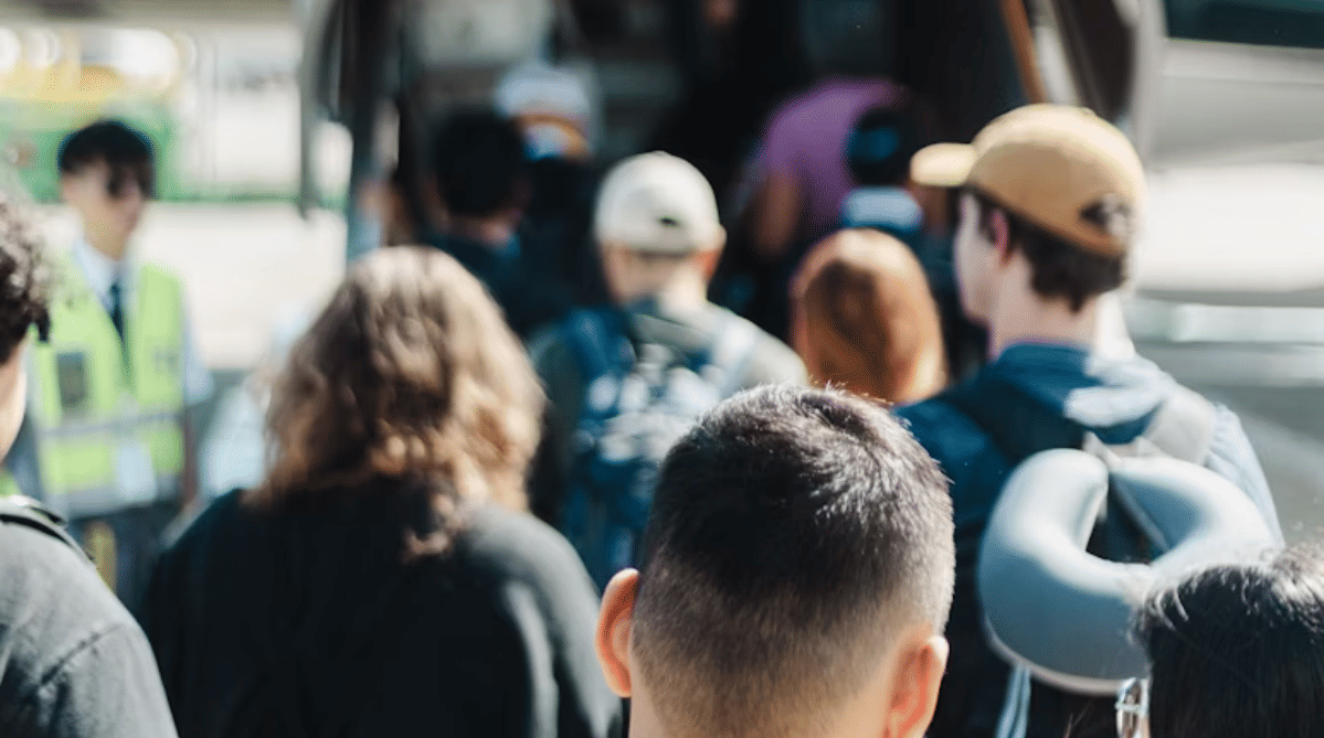 Passengers boarding a plane during transit