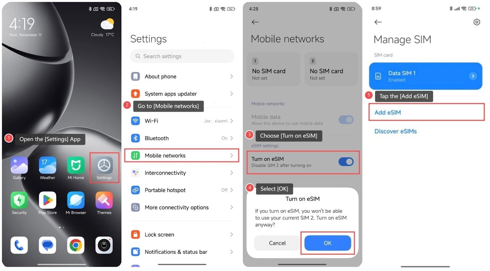 Step 1 on how to install and set up an eSIM on a Xiaomi phone