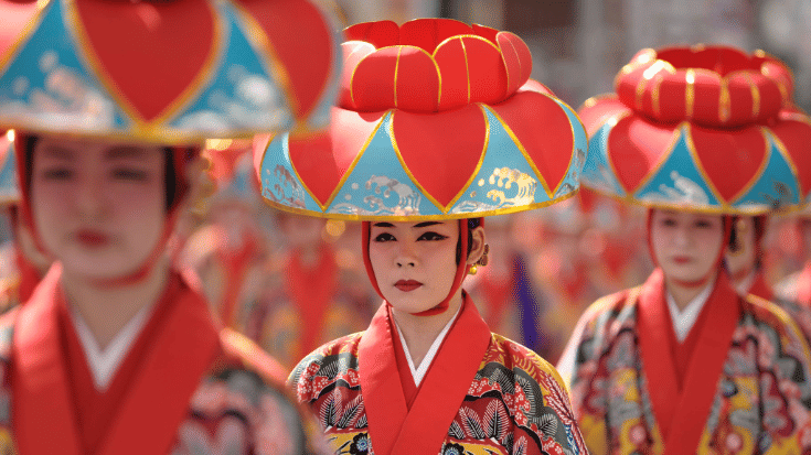 A colour photograph showing three women standing in line. two women are our of focus, but the woman in the middle is facing the camera lens. They are all wearing blank expressions and the beautfiful, colourful traditional dress of Okinawa, during the island's annual Eisa festival. The woman in focus is wearing a hat vaguely shaped like a flower, which has red petals and an azure blue trim. Her face is painted white and she has thick black eyeliner, in the traditional Okinawan style. She wears an Okinawan robe decorated in pink, red, gold, yellow and blue flowers. To illustrate a blog post entitled 'Top Things to Do in Okinawa, Japan's Tropical Gem.'