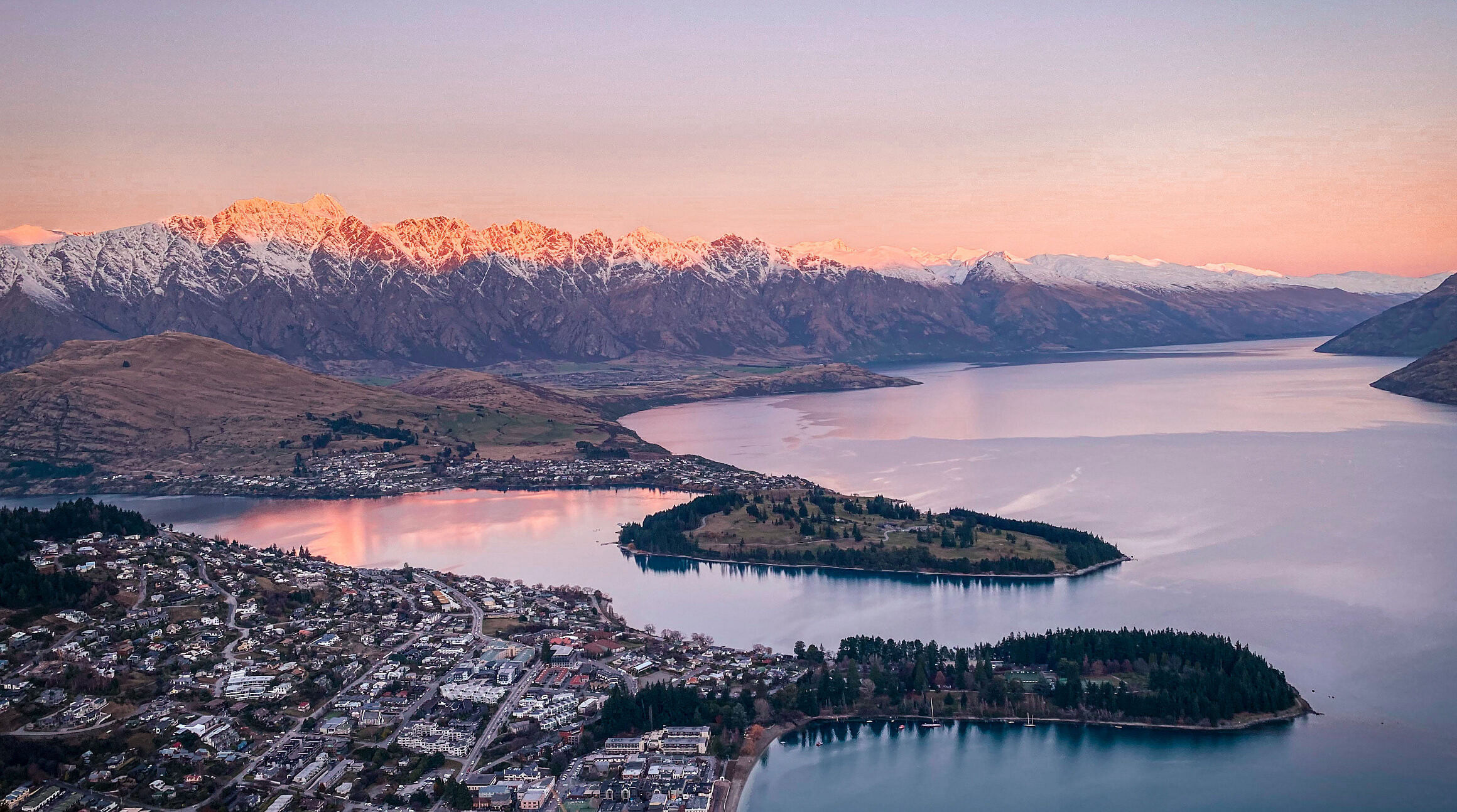 Aerial view of Queenstown, New Zealand at sunset