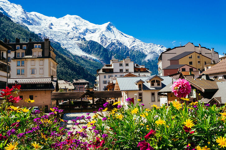 Chamonix with mountains and flowers