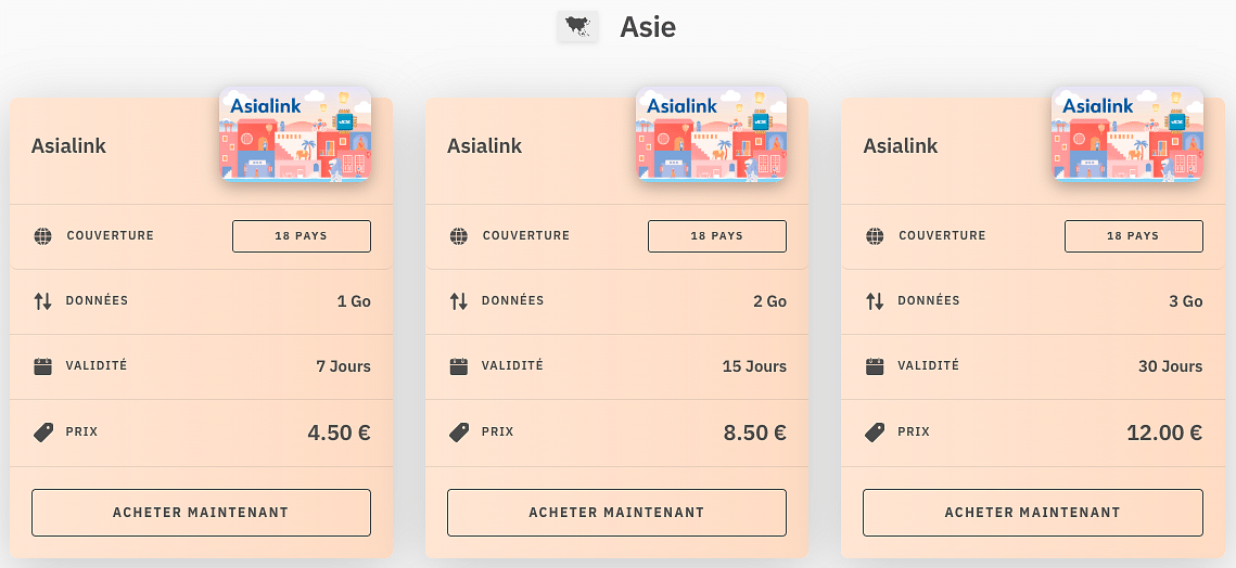 details et prix des forfaits esim asie (incluant le japon) avec airalo