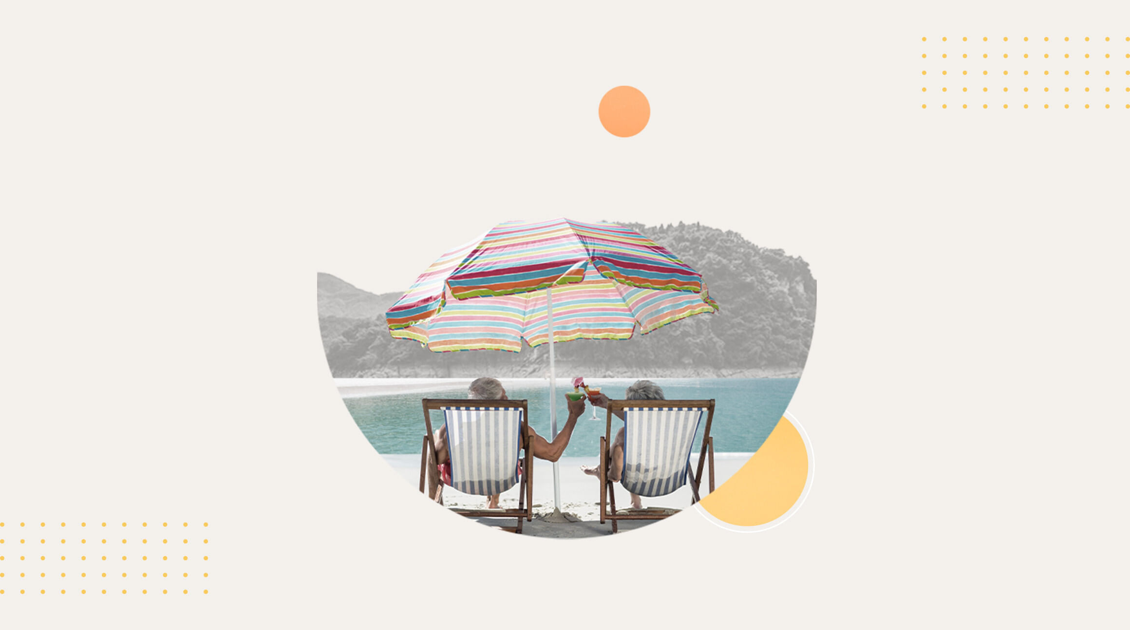 An image incorporating a light yellow graphic background with a photographic image of an older couple in their 60s in deck chairs, saying cheers while holiding cocktails in the sunshine on a beach - to illustrate a blog post entitled ''Where is Hot in October in Europe?'