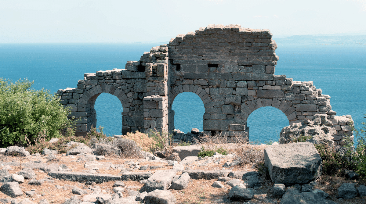 Ruins overlooking the ocean in Assos, Turkey