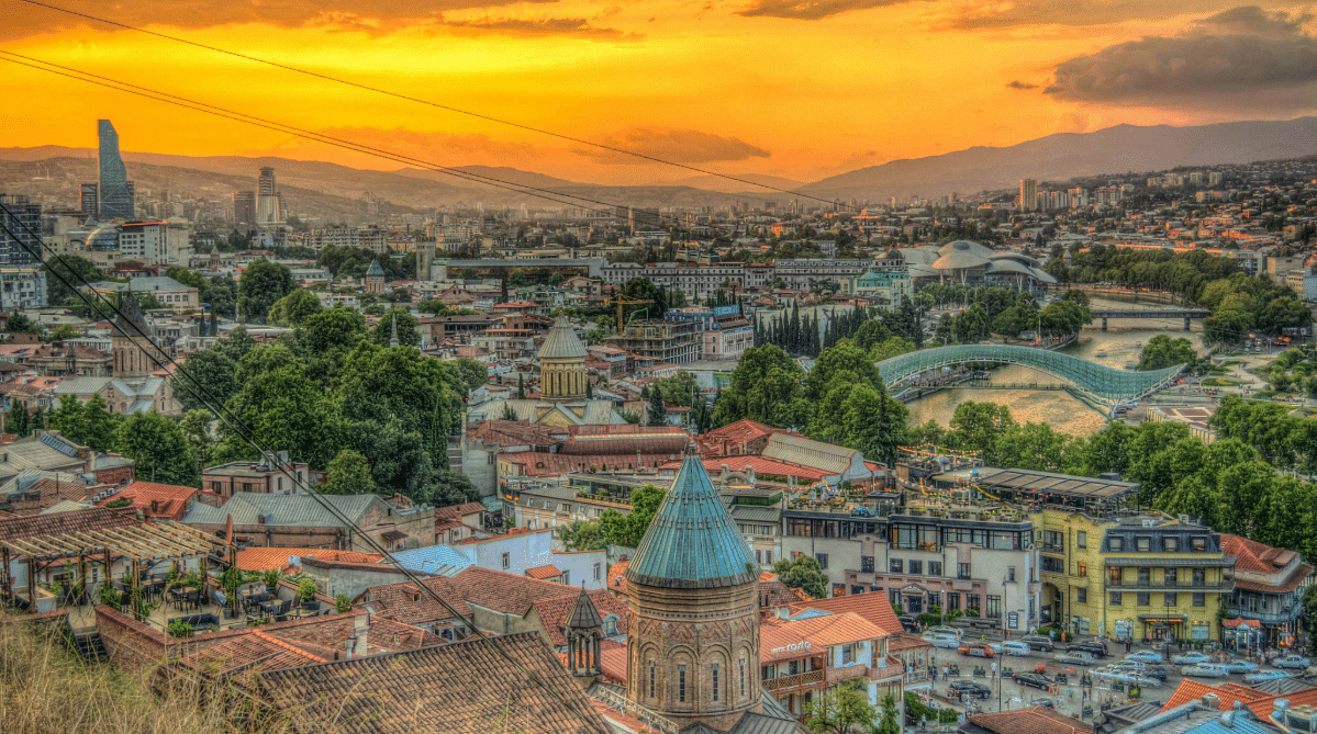 Tbilisi, Georgia skyline at sunset