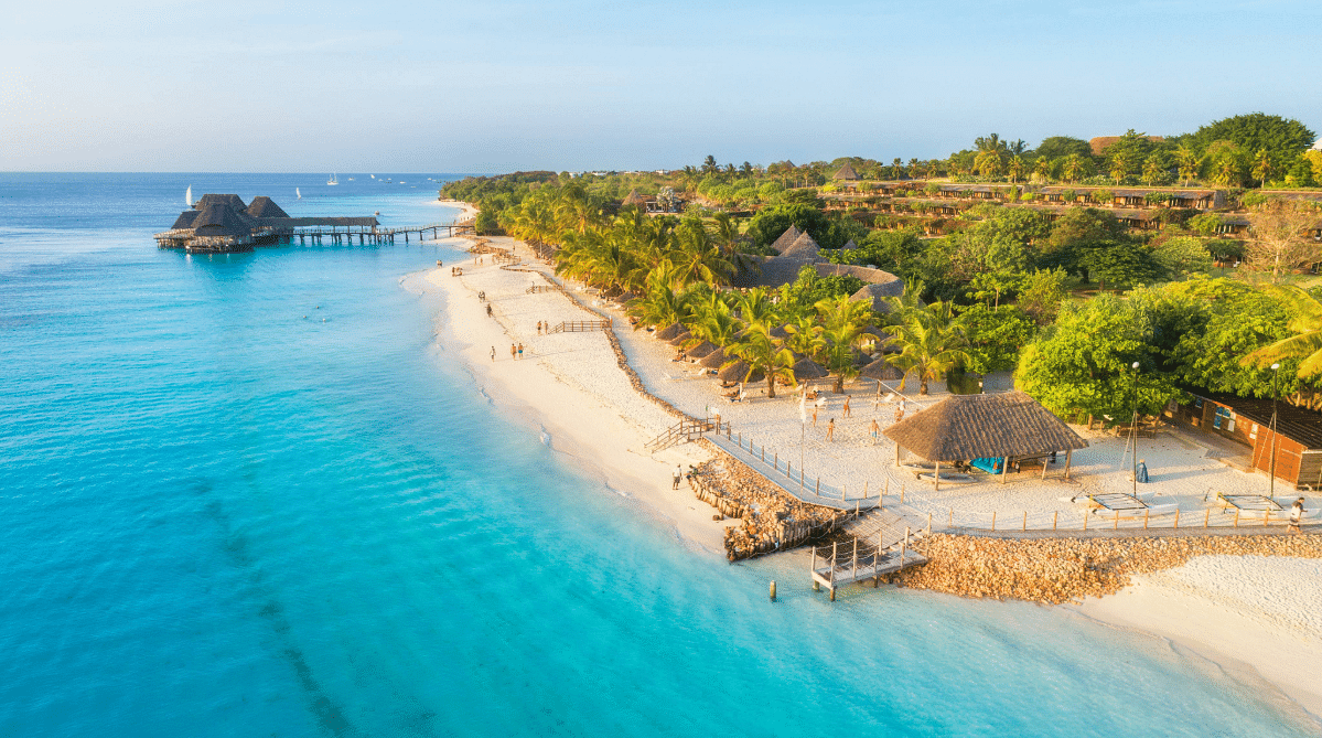 Aerial view of a resort and beach in Zanzibar, Tanzania